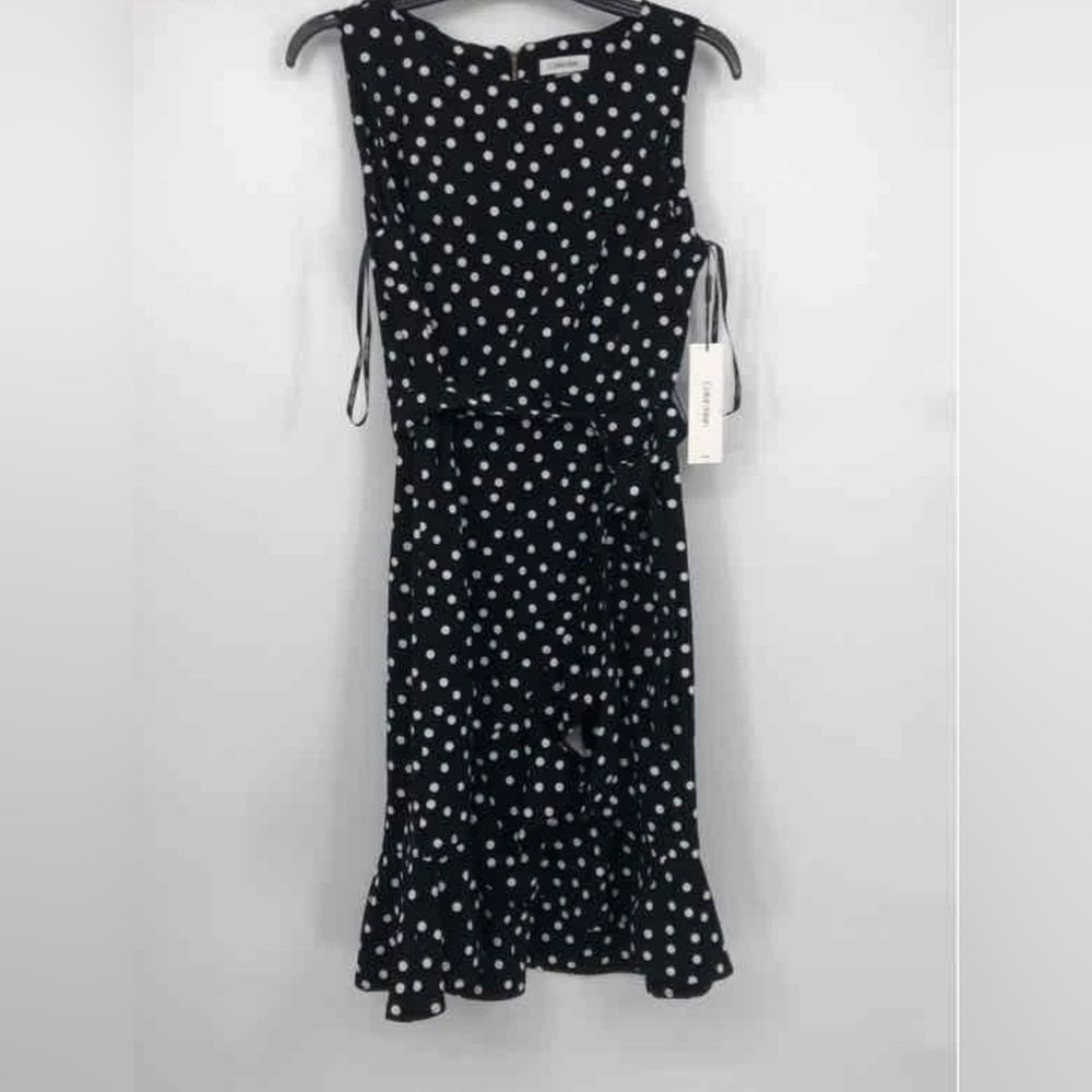 Calvin Klein Black and White Polka Dot Sleeveless Dress.